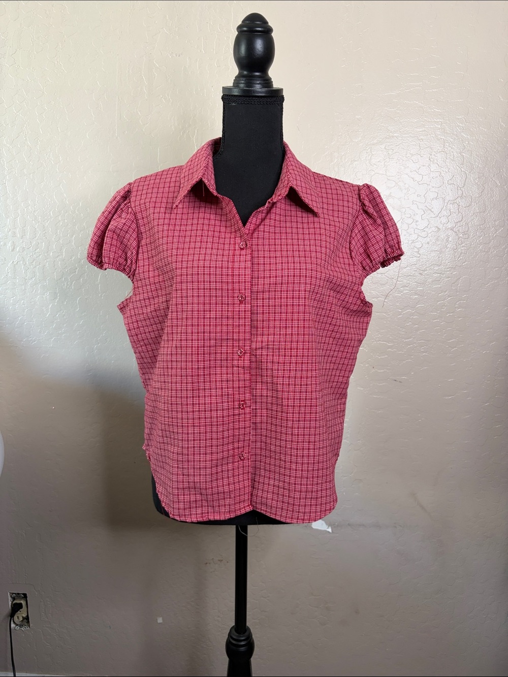 Passport Pink Plaid Button-Up Cap Sleeve Blouse